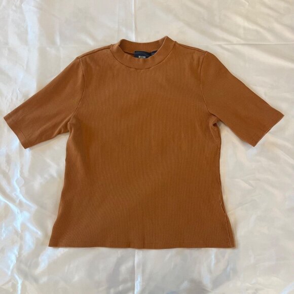 MAEVE Anthropologie Ribbed Shirt Short Sleeve Sweater Women Sz Large Camel Brown - Picture 8 of 11